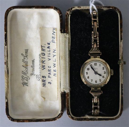 A ladys 9ct gold wrist watch in Michell, Penzance box.